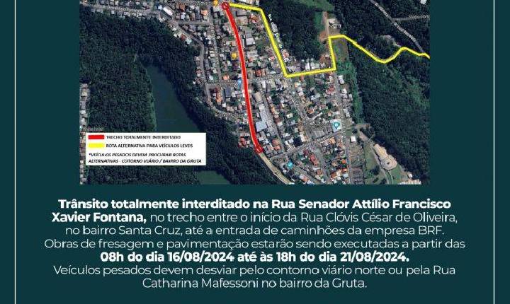 Interdição total na Rua Senador Attilio Fontana em Concórdia para obra de revitalização