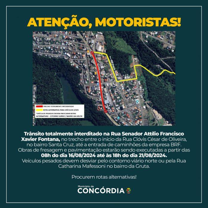 Interdição total na Rua Senador Attilio Fontana em Concórdia para obra de revitalização