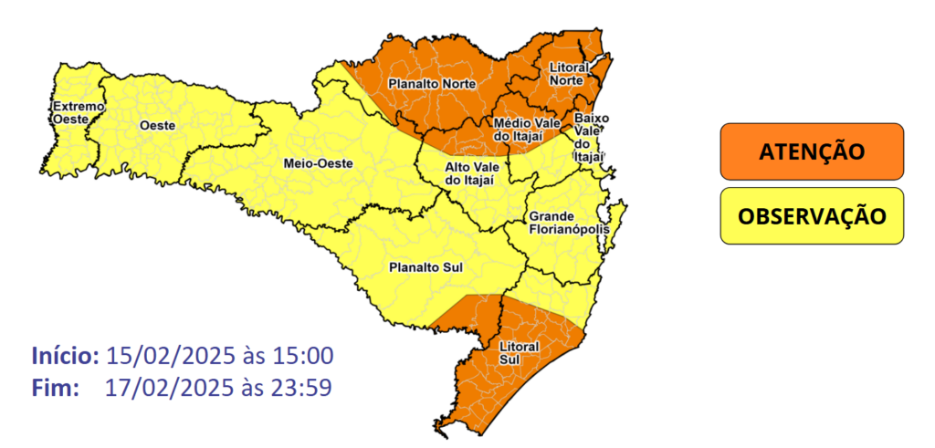 Atenção Meteorológica SDC/SC – Temporais e chuva pontualmente intensa a partir da tarde de sábado (15)